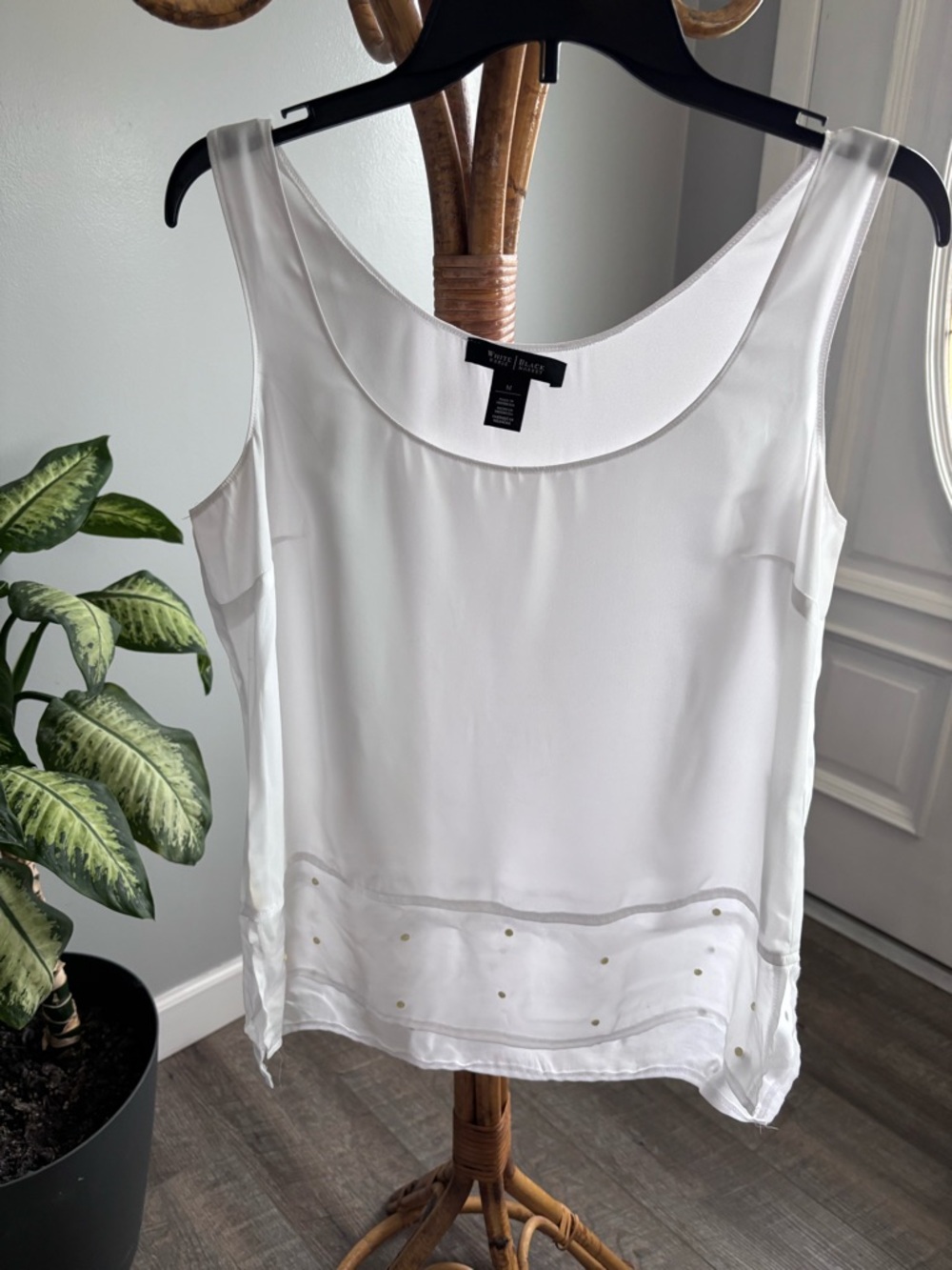 White House Black Market White Beaded Sheer-Hem Sleeveless Top